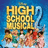 Pixelated image with large yellow text reading 'HIGH SCHOOL MUSICAL' over a blue background, with four figures in colorful clothing below.