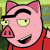 Pixelated cartoon pig character with pink skin, red shirt, and black eyebrows in a static image.