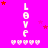 A bright pink background features vertical 'LOVE' text with heart symbols and scattered red/pink stars, animated to shift positions across frames.