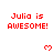 Red pixelated text "Julia is AWESOME!" and small red hearts on white background with gray corner overlay.