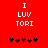 Red background with white text 'I LUV TORI' and five black-and-red heart icons below, where the third icon changes from red to black between frames.