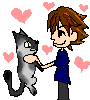 Pixel art animation of a character holding a cat, showing affection, conflict, and sadness
