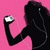 Silhouette of a person with earphones holding an iPod against pink, purple, red, and gray background