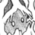 Static grayscale pixel art of a stylized character with large eyes and flowing hair, surrounded by abstract shapes on a white background.