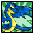 Animated pixel art icon of a blue and yellow snake-like creature with red eyes against alternating green and red backgrounds, displayed in an 8-frame contact sheet layout.
