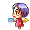 Pixel art character with purple hair and red dress holding blue envelope, interacting with red mailbox in multiple poses.