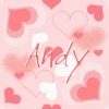 A static icon with a light pink background featuring multiple overlapping heart shapes in varying shades of pink and white, with the name 'Andy' written in red cursive script across the center.