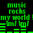 Green pixelated text and bar graphs on black background, repeating 'music rocks my world !' with 'ml ml' below, animated with bar graph changes.
