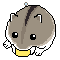 Pixelated hamster-like character with brown body, white face and paws, black eyes, yellow belly patch, dark stripe on head, blue dot above head, in various poses.