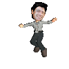 Animated sequence of a cartoon character in gray shirt and dark pants performing various poses against light gray background.