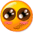 Animated yellow-orange circular face with large brown eyes, pink cheeks, and a small brown mouth, showing subtle eye and mouth movement across frames.
