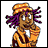 Pixelated cartoon character with brown skin, purple dreadlocks, and orange clothing holding a white object against a transparent background.