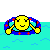 Pixelated yellow smiley face in blue ring with red crosses, floating on cyan water against gray sky.