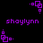 Purple pixelated text 'shaylynn' appears below two purple square-based icons on a black background, with the icons cycling through four distinct orientations.