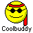 Static pixel art icon of a yellow smiley face wearing red headband and sunglasses with red side-tassel, below which is the text "Coolbuddy" in blocky font on gray background.