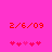 Red pixelated text '2/6/09' above five pink heart icons on a solid pink background, with the hearts' positions shifting between frames.