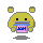 Pixelated yellow doll with square ears holds a pink container with blue text, showing varied mouth expressions and a heart symbol in one frame.
