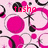Pixelated static image with pink and black abstract shapes, including circles and curved lines, on a light pink background.