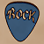 Blue guitar pick-shaped icon with brown border and pixelated 'Rock' text in gradient colors on a beige background.