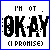 A 3x3 grid of pixelated text-based icons showing variations of "I'M OT, OKAY (I PROMISE)" with alternating black and blue lettering across nine frames.