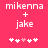 Pixelated text 'mikenna + jake' on bright pink background with white and light pink heart symbols below.