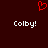 Red pixelated heart symbol above two instances of the text 'Colby!' in white pixelated font on a dark red background.