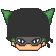 Pixel art head with black hair, green cat ears, dark mask, and orange cheeks in a