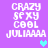 Purple background with white pixelated text reading 'CRAZY SEXY COOL JULIAAAA' and a small heart icon that changes color between cyan and light blue.
