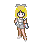 Pixel art character with blonde hair and gray antennae, wearing a silver top and brown shorts, holding a blue-and-white object across six animation frames.