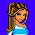 Pixel art of a female character in blue and white crop top, dark jeans, and long brown hair against solid purple background with text "SpOrTy ShOrTy".