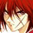 Pixelated image of a person with long dark hair holding a sword, set against a red background with light-colored clothing details.