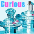 Pixelated blue and pink text "Curious" above two identical figures with blue hair, white bodies, and black accents against a light background.