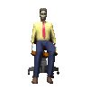 A 3D-rendered man in a yellow shirt and red tie sits on an orange office chair, shown from multiple angles including front, side, back, and reclined positions.
