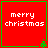 Red square with green border displays "merry christmas" text and small green tree icon at bottom-right corner.