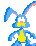 Blue rabbit with yellow belly and pink inner ears in multiple pixelated poses against gray background