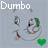 Pixelated icon with 'Dumbo' text above a stylized elephant figure holding a green object against a light gray background.