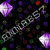 Pixelated image with dark background featuring scattered purple and multicolored dots, two large glowing purple shapes, and a central chain-like structure of interlinked gray shapes.