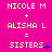A static image with a bright pink background displays repeated text elements in light yellow and blue, showing variations of 'NICOLE M + ALISHA L = SISTERS' across three