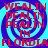 Red text on a blue and cyan spiral background with repeated phrases arranged in four quadrants.