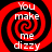 Four identical red and black spiral patterns with white text reading "You make me dizzy" arranged in a on a black background