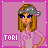 Pixel art contact sheet showing two frames of a female character with brown hair, gray headband, and pink outfit against purple background with "TORI" text.