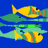 Pixelated fish swim in blue water with green reflection; right side shows green text on dark background.