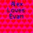 Pixelated text 'Alex Loves Evan' repeated four times on a bright pink background with red heart pattern.