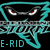 A static digital image with a of teal text and symbols on dark backgrounds, including a stylized shark-like face with red eyes