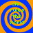 Four identical spiral patterns with alternating blue and orange rings, each containing green text reading 'alex rules the world' in a pixelated font.