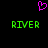 A static pixel art image with a black background, featuring two green 'RIVER' texts and one pink heart symbol above them.