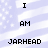 Pixelated text reads 'I AM JARHEAD' in two vertical against a light blue and white striped background with scattered white dots