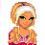 Pixel art of a blonde woman in pink and white striped crop top, dark blue jeans with silver belt buckle, white headband; text reads "as long as you promise not to break it" and "I'll give you my heart" with pink heart symbol.