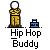 Animated pixel art contact sheet showing eight frames of a 'Hip Hop Buddy' icon with a yellow stick figure and blue boombox, displaying motion effects like sparkles and musical notes.