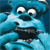 Pixelated blue creature with large white eyes and black pupils, open mouth showing black interior, and dark blue limbs against a blue background.
